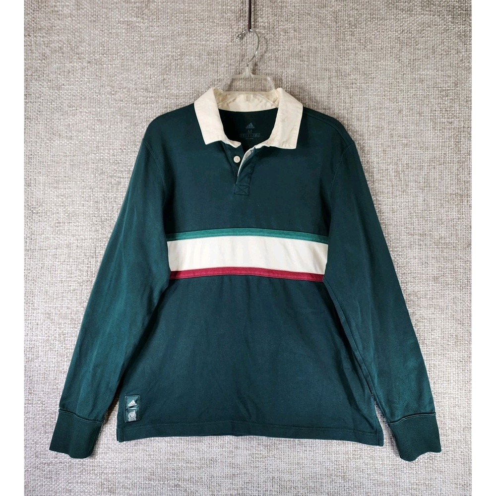 Adidas Rugby Long Sleeve Polo Shirt Mens M Green Stripe Preppy Sporty Casual